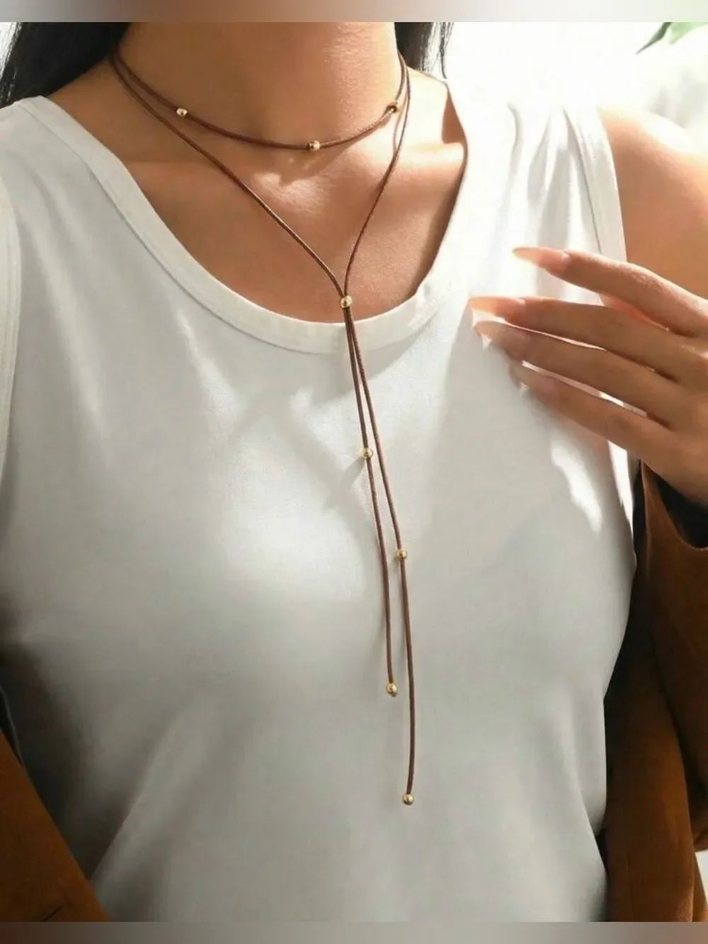 Brown strap Necklace with Gold Beads A2025